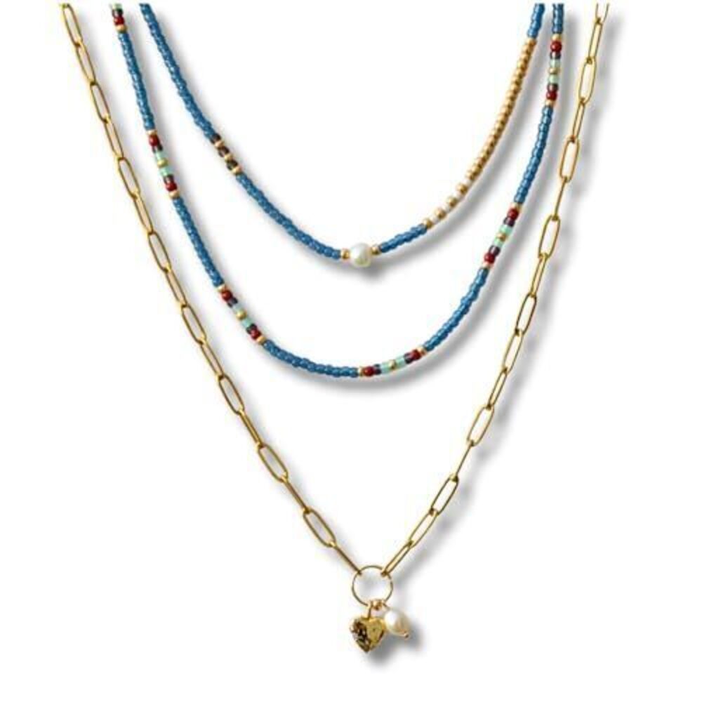 7726 Bohemian Set of 3 Necklaces Teen Girls, Adjustable Blue Gold